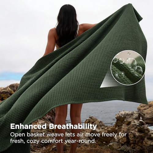 Bedsure GentleSoft 100% Cotton Blanket King Size for Bed - Breathable Lightweight and Soft, Basket Waffle Weave Woven Blankets for Summer, Home Decor, Olive Green, 108x90 inches by Bedsure - Used condition - Image 3