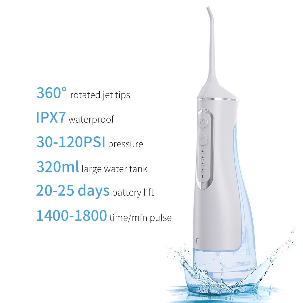 Tragbare schnurlose Munddusche - 320 ml Wasserflosser mit 3 Modi, IPX7 wasserdicht, USB Type-C wiederaufladbar, 1400-1800 Impulse/Min - Dental Wasserstrahl für Zähne, Zahnfleisch, Zahnspange & Reisen