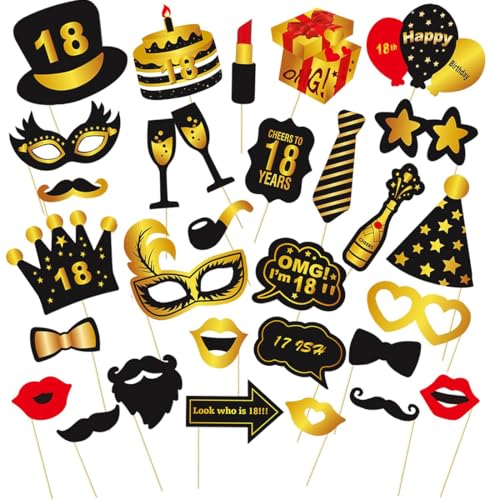 30 Pezzi Accessori Photo Booth per 18 Anni, Decorazione Compleanno 18 Anni Nero Oro, Gadget per Feste di Compleanno, Regalo Uomo e Donna, Decorazione Tavolo, Photo Booth