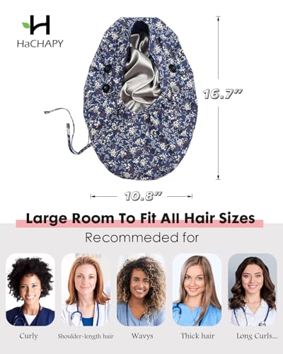 Image of Satin Lined Scrub Cap for Women Extra Large Long Hair Surgical Nurse Cap 4 Buttons