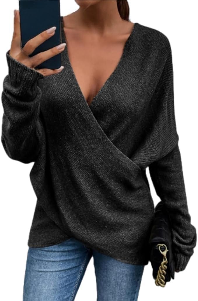 Women's V-Neck Crisscross Sweater Oversized Long Sleeve Cross Wrap Knit Pullover Top Fall Fashion Cute Sweaters