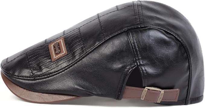 Men’s PU Leather Newsboy Hat – Adjustable Ivy Flat Cap with Patch Detail, Classic Beret for Casual & Outdoor Wear - Image 3
