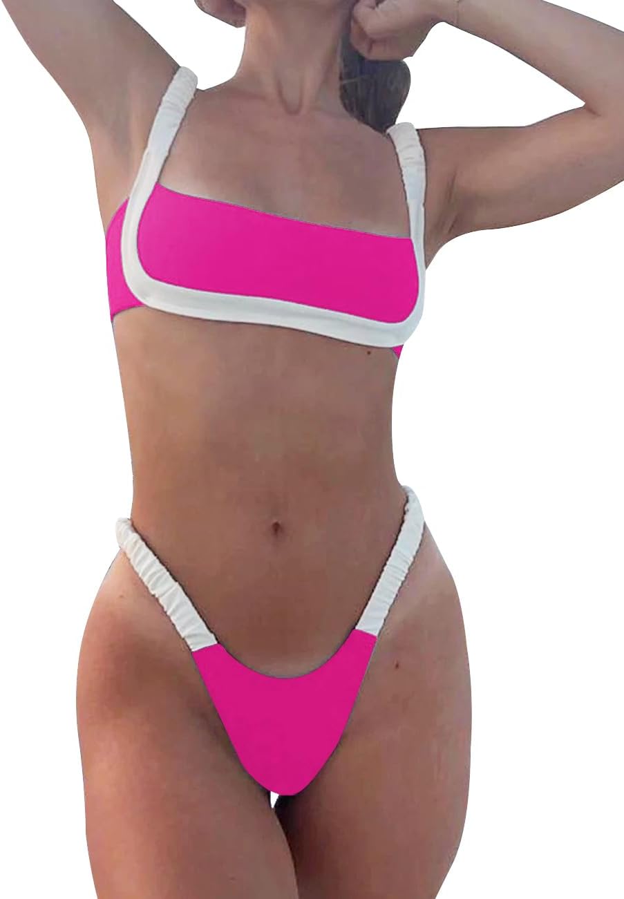 HYTENSUN Women's Bandeau Cheeky Bikini Colorblock Square Neck High Cut Swimsuits Two Pieces Bathing Suits