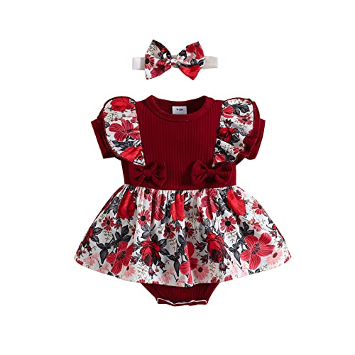 Image of Mecykcsr Baby Girl Clothes Newborn Girl Floral Ruffle Ribbed Romper with Headband Infant Girl Summer Outfit Sets(Wine Red,9-12 months)