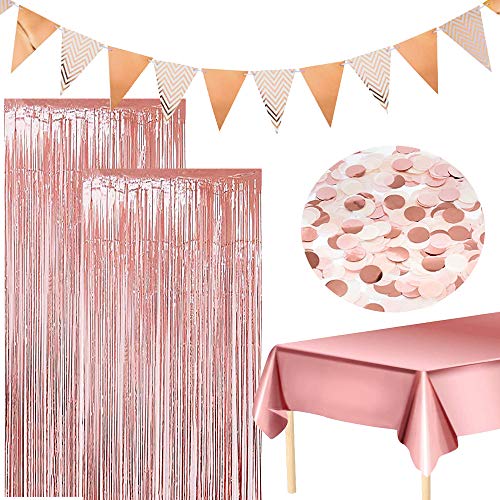 Manteles de oro rosaCortinas de oropel metálico Cortinas de flecos Banner de oro rosa Confeti para cumpleaños Despedida de soltera Baby Shower Decoraciones para banquetes de boda