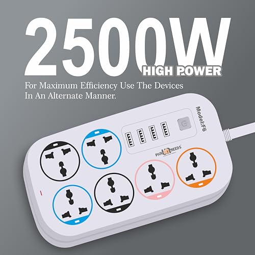 Image of Pick Ur Needs Extension Cord /Board /Power Strip with 4 USB Charging Ports and 6 Socket -10 Amp for Multiple Electronic Devices Smartphone Tablet Laptop
