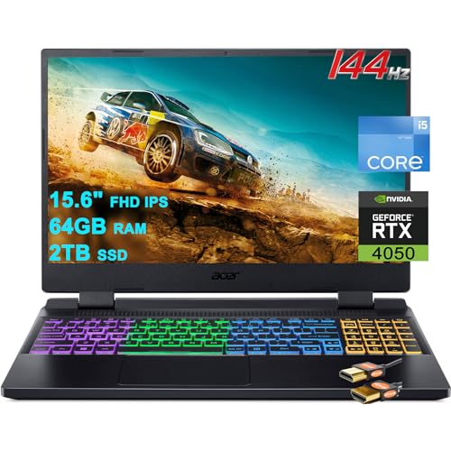 Image of acer Nitro 5 Gaming Laptop 15.6 inch FHD IPS 144Hz Intel 12-core i5-12500H (Beats i7-11850H) 64GB RAM 2TB SSD GeForce RTX 4050 6GB Graphic RGB Backlit Thunderbolt4 AX1650i Win11 Black + HDMI Cable