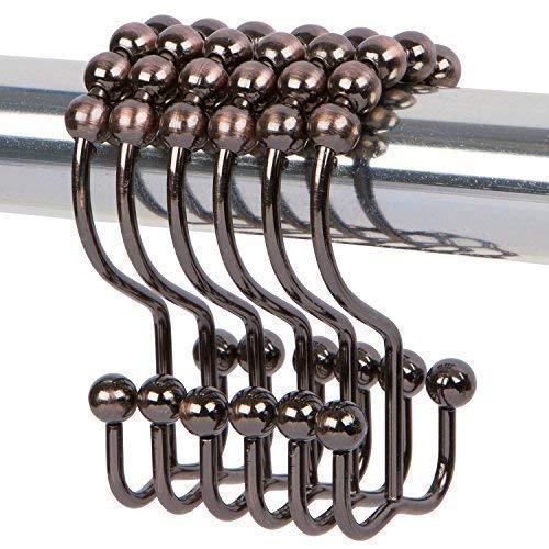 DOTZ Bathroom Collection Double Shower Curtain Hooks Decorative Rustproof Bronze Easy Glide Roller Shower Curtain Rings with Double Hooks. 100% Stainless Steel Brushed Bronze Rings, Set of 12