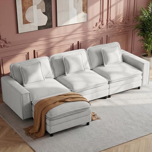 Modular Sectional Sofa 107", Comfy Cloud Couch with Ottoman, Deep 4-Seat L Shaped Modular Sofa, Couches with Throw Pillows for Living Room, Beige - Thumbnail 2