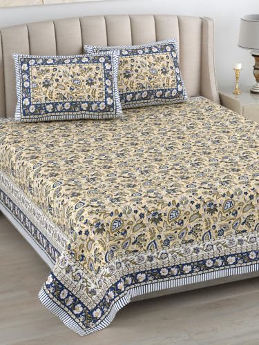 Image of 300 TC 100% Pure Cotton Bedsheet for Double Bed King Size (90x108) inch, Jaipuri Print Double Bedsheet Cotton with 2 Pillow Covers, Sanganeri Printed Flat Bed Cover