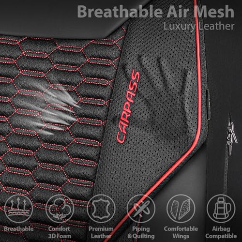 Image of CAR PASS 3D Foam Mesh Leather Car Seat Covers Front Seats, Air Cool Mesh Front Seat Covers for Car, Universal Fit for SUV Truck Sedan Automotive, Armrest Airbag Compatible,Black and Red