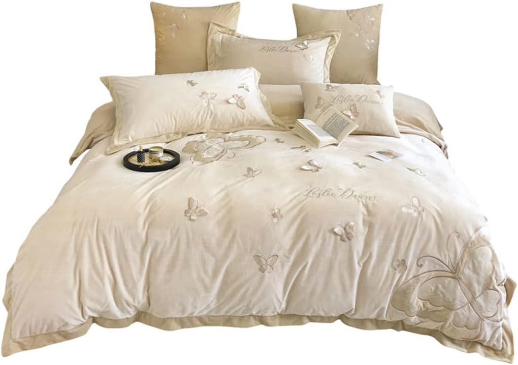 Milk Velvet Three-Dimensional Butterfly Embroidery Four-Piece Girl Coral Quilt Cover Autumn and Winter Warm Bedding (Color : A, Size : 2m) (A 1.5m)