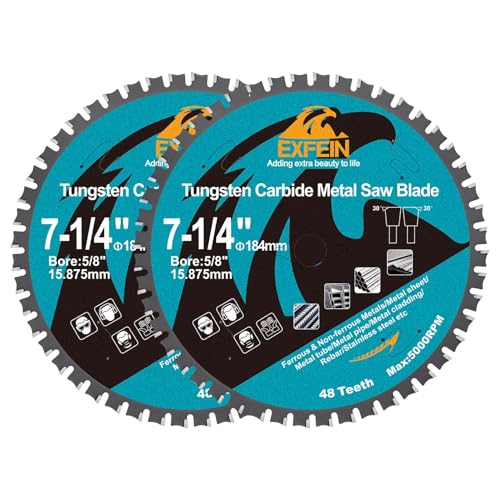 7-1/4" 48T Metal Circular Saw Blade - 2-Pack EXFEIN Tungsten Carbide Tipped Saw Blade Arbor 5/8" for Metal Sheet or Pipe, Angle Iron, Rebar, Ferrous Metals, Non-Ferrous Metals