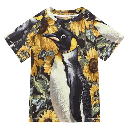 Boys Short Sleeve T-Shirts Penguin Sunflower Rashguard Kids Swim Shirts Sun UPF 50+