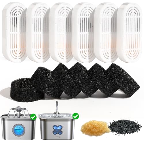6 Packs de Filtres pour Fontaine à Eau pour Chat et 6 Packs d'Éponges de Remplacement, pour Fontaine Eau Chat en Acier Inoxydable de 2.8L FN-W22