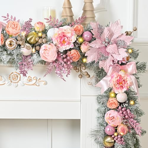 Waipfaru 6FT Christmas Garland with Lights, Pink Christmas Decor, Rose