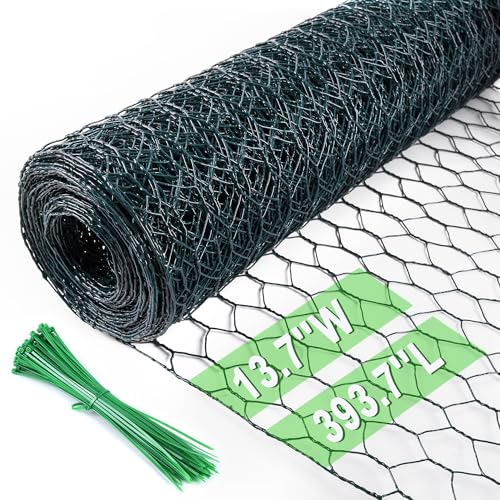 Image of Chicken Wire 13.7 in x 393.7 in Poultry Wire Netting Hexagonal Galvanized Mesh Garden Fence Barrier for Pet Rabbit Chicken Fencing with 100 Pcs Cable Zip Ties(PVC-Coated)