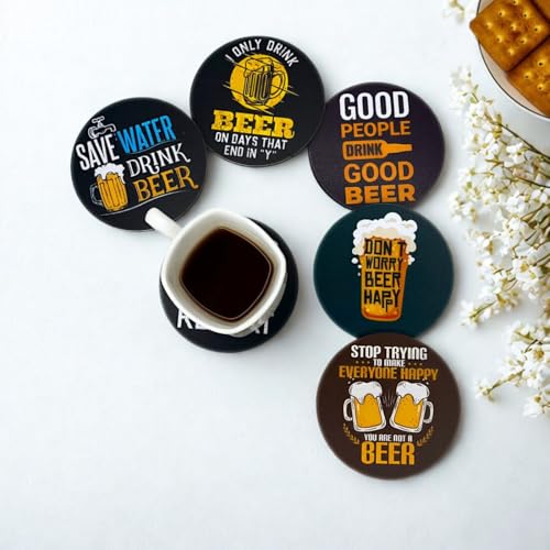 Image of Zesta Coasters for Cups Set of 6 / Wooden Coasters for Bar Accessories for Home /Tea Coaster Set of 6 / Waterproof Dining Table Decor Glass Cover (Beer, Circle)