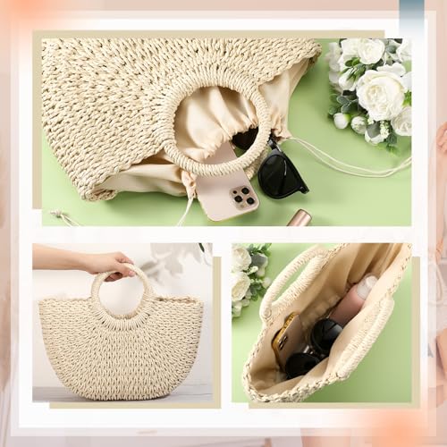 Image of Frienda Straw Tote Bag Summer Beach Bag Handmade Straw Rattan Woven Handbag for Women Travel