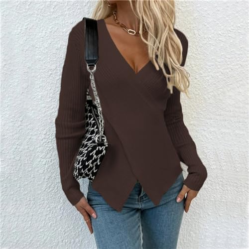Women's Deep V-Neck Wrap Sweaters Long Sleeve Front Cross Loose Knitted Pullover Fall Winter Tops2