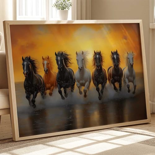 Image of HOTHOUSE Seven Running Vastu Lucky Horse | 7 Horses Vastu Frame Wall Art Painting for Living Room Bedroom Office Home Decor Rising Sun Painting Wall Decor Size (10X13 inch)