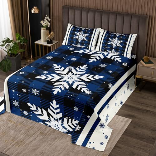 jejeloiu Christmas Snowflake Bedspread Xmas Theme Buffalo Check Checkered Coverlet Set Queen Size for Kids Boys Girls Teens Plaid Grid Quilted Coverlet Blue Black Quilted with 2 Pillow Case