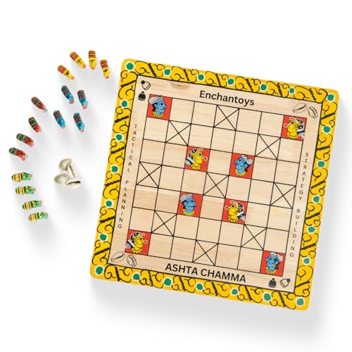 Image of Ashta Chamma Cheriyal Handpainted Wooden Peeta Board Game | Chowka Bara,Katta Mane,Taayam,Kaangi Chaala,Kaana Dua,Traditional Indian Ludo | Handcrafted Wooden Board Game for Adults & Kids