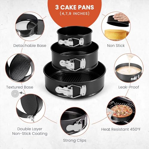PAPA'S MALL 4 Pcs Non Stick Cake Tin (4,7,9 Inches) Set, Quick-Release Latch Cake tins for Baking with 1PC Oil Brush - Image 2