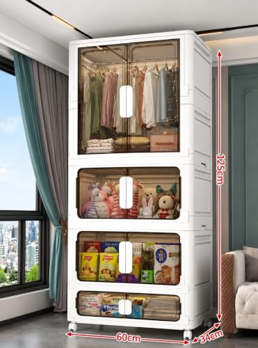 Image of Plastic Wardrobe for Cloths | 4 Layer Stackable Almirah with Hanging Rod, Transparent Doors, Wheels | Foldable Storage Cabinet Organizer for Clothes /Books /Toys (Double -White, 4-Door)
