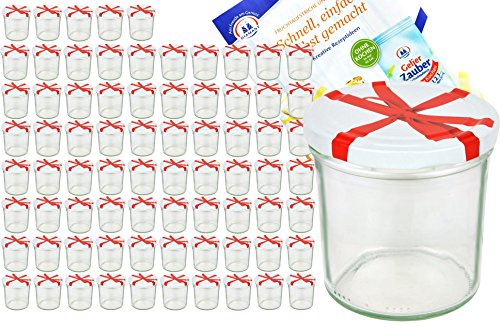 MamboCat 75er Set Sturzglas 350 ml To 82 weißer Deckel mit Schleifendekor incl. Diamant Gelierzauber Rezeptheft Marmeladenglas Einmachglas...