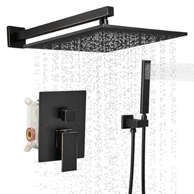 BWE Shower Faucets Sets 10 Inch Square Bathroom Luxury Rain Shower Head with Handheld Spray Wall Mounted Oil Rubbed Bronze Shower System Rough-in Valve Body and Trim Included