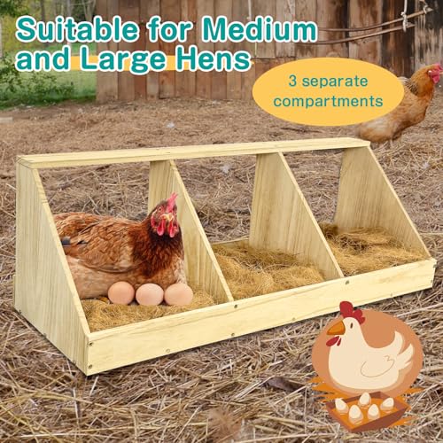 Chicken Nesting Boxes, 3 Compartment Wooden Chicken Laying Boxes, Nesting Boxes for Chickens, Hens, Ducks, Poultry Nest Box for Laying Eggs, (Includes 3 Fake Eggs, 3 Nest Box Pads) - Thumbnail 4