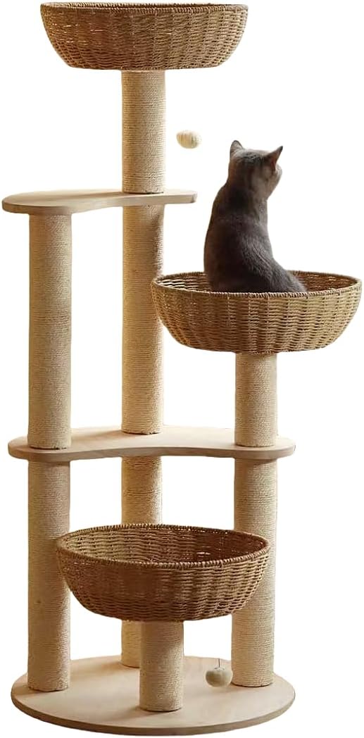 Modern Wood Cat Tree for Large Cats,Luxury Rattan Oak Solid Cat Trees Towers，3 Weaving Cat Nests & Washable Cushions, Sisal Scratching Posts,Cat Condo for Indoor Cats, Varnish, Easy Clean (Large-O1)