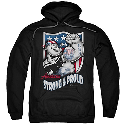 Trevco Popeye Strong & Proud Unisex Adult Pull-Over Hoodie for Men and Women, X-Large Black
