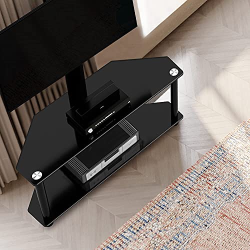 TAVR Glass Floor TV Stand with Swivel Mount and Height Adjustable for 32 37 42 47 50 55 inch Plasma Flat or Curved Screen TVs 2-Tier Tempered Glass Universal Media Storage Stand Black - Thumbnail 3