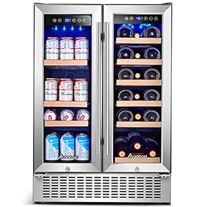 AAOBOSI 24 Inch Wine and Beverage Refrigerator – 19 Bottles & 57 Cans Capacity Wine Cooler with Dual Zone – Wine Fridge Built in Counter or Freestanding – 2 Safety Locks and Blue Interior Light