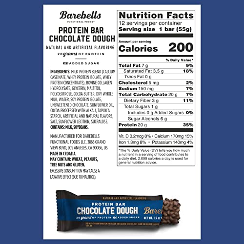 Image of Barebells Protein Bars Chocolate Dough - 12 Count, 20g High Protein Treats - Chocolate Nutrition Bar with 1g Total Sugars - On-The-Go Breakfast or Post-Workout Snack