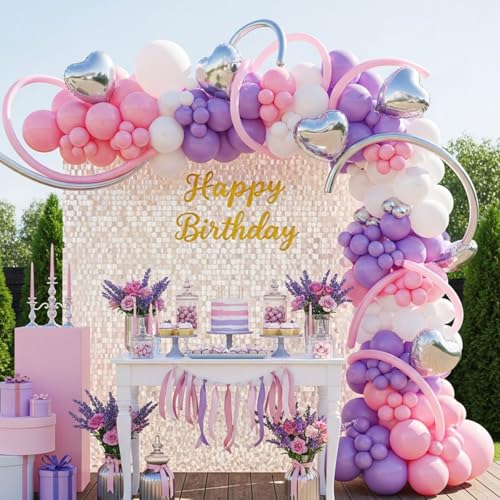Image of Pink and Purple Balloon Arch Kit - Purple and Pink Balloons Garland with Silver Heart Foil for Girls Birthday Party, Baby Shower, Wedding, Bridal Shower, and Princess Theme Decorations