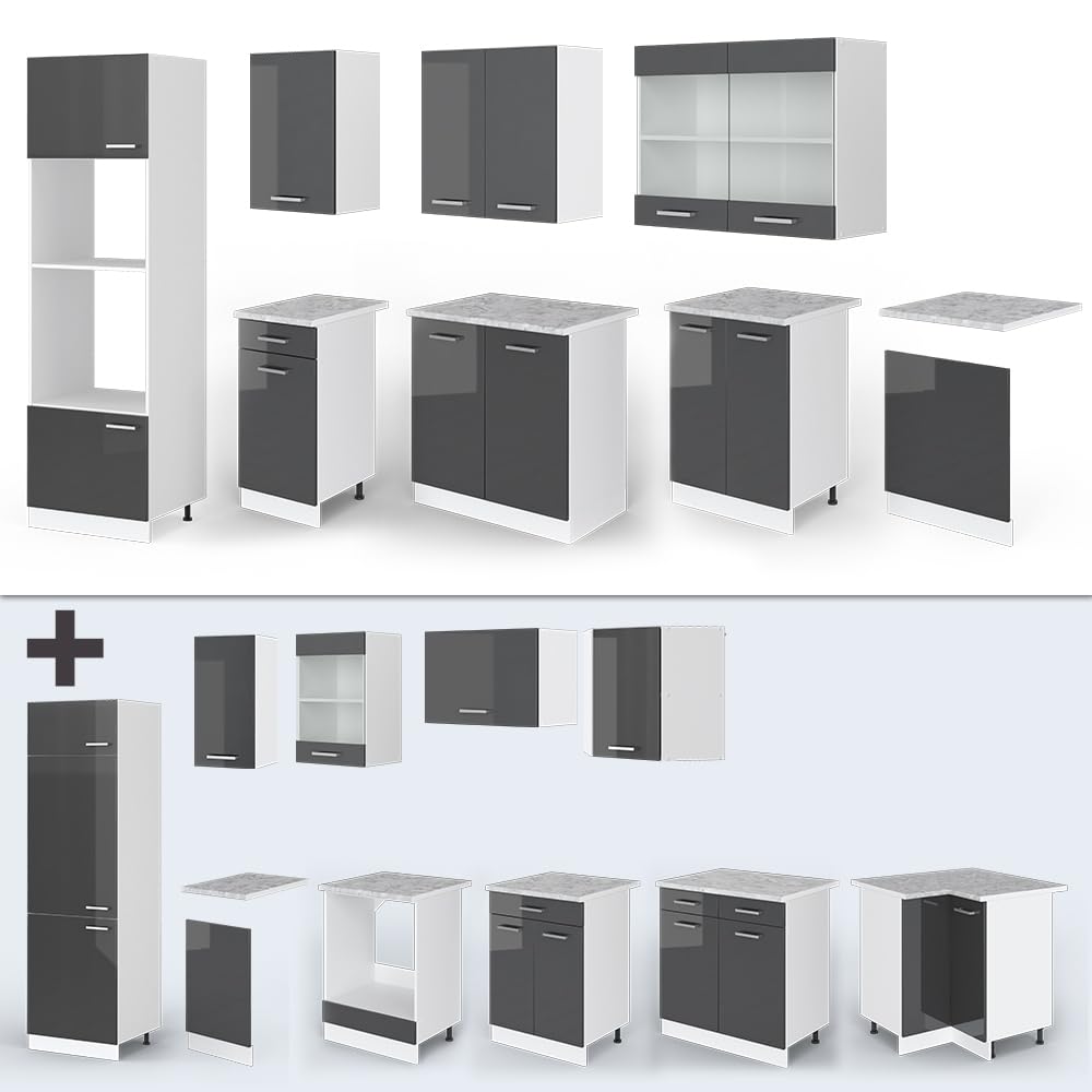 Vicco Küchenzeile R-Line, Anthrazit Hochglanz, 300 cm mit Hochschrank, ohne Arbeitsplatte, mit variabel anordenbaren Modulen und höhenverstellbaren Füßen