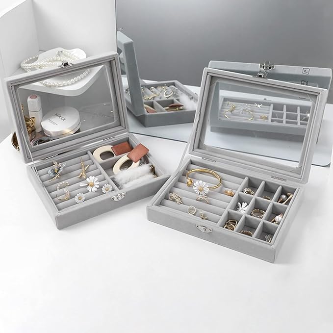 Image of Velvet Jewellry Drawer Organizer Stackable Tray (Grey, Ring+Grid Box)