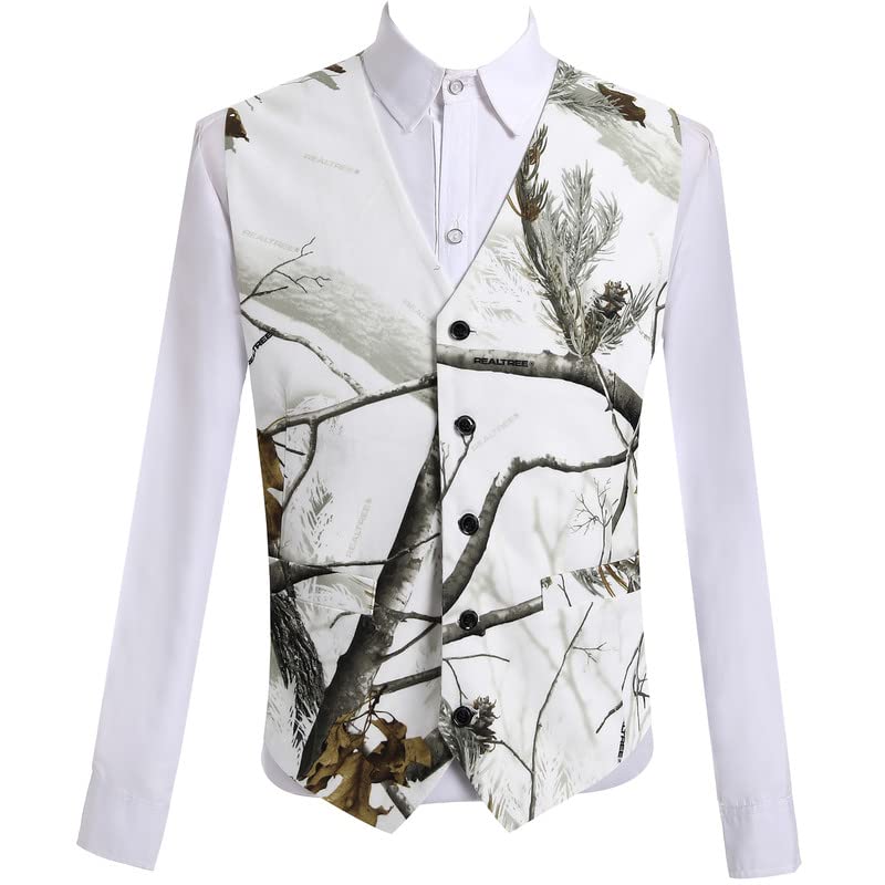 HBDesign Mens 1 Piece 5 Button Real Tree Camo White Slim Fit V-neck Vests