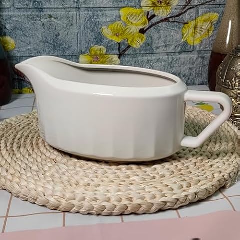 Cobata 24oz Large Capacity Gravy Boat - Upgrade Premium White Sauce Boat - Elegant Pouring Spout - Perfect for Serving Gravy, Sauces, Dressings - Dishwasher Safe Cover