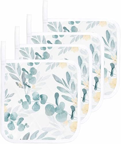 4 Packs Green Eucalyptus Pot Holders Sets for Kitchen,Oven Pan Plate Bowl Pads Heat Proof Mat with Hanging Loop,Terry Cloth Potholders Soft Grip for