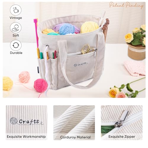 Image of Crochet Bag and Tote - Corduroy Yarn Bag - Yarn Holder and Storage for Crochet Hooks, Knitting Accessories - Mother's Day Gift