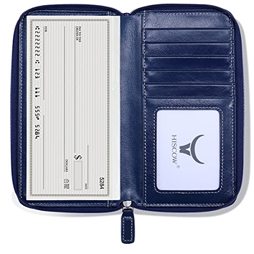 Image of HISCOW Leather Checkbook Cover, Zippered Wallet, Antiqued Blue | Full grain cowhide, 5cc & ID window, personal check book & register pockets, removable duplicate divider, women secure zipper