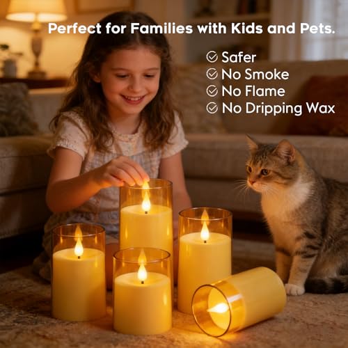 Image of Fo32won Amber LED Flameless Pillar Candles Battery Operated with Remote Timer, 5 Pack 3D Flickering Acrylic Candles for Home Living Room Bedroom Fireplace Wedding Party Holiday Decor & Gift