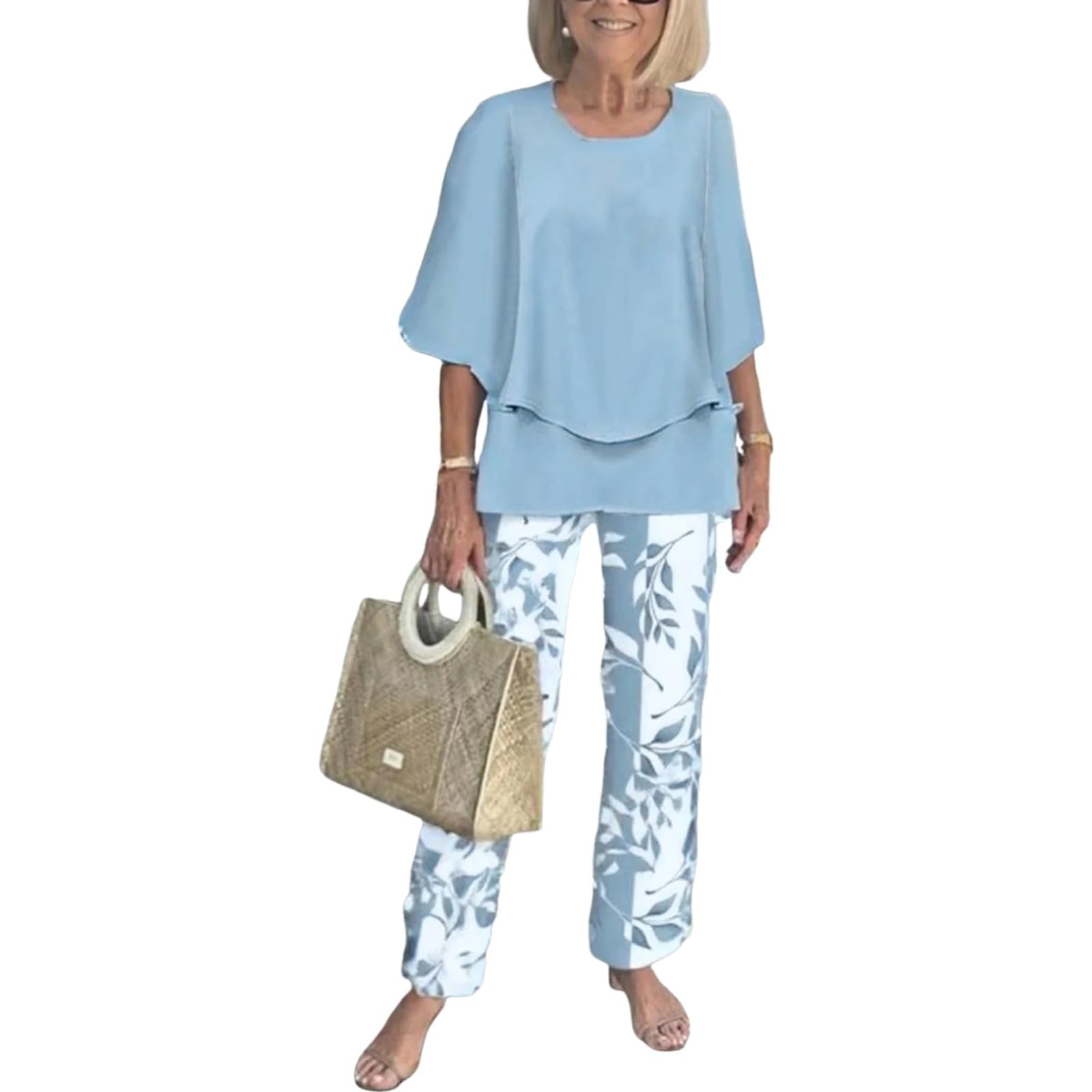 Women's 2 Piece Outfits Green 3/4 Sleeve Double Layer Top and Leaf Print Straight Leg Pants Lounge Sets 2025 Trendy