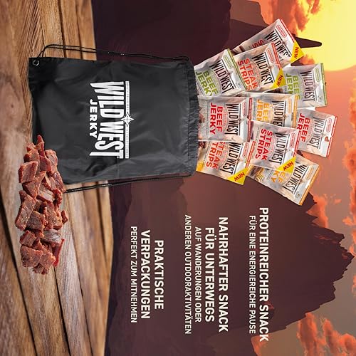 Wild West Beef Jerky, Mix Box 60g, 10er Pack + Sportsbag, 2x Original, 2x Honey BBQ, 2x Jalapeno, 2x Steak Strips Original, 2x Steak Strips Honey BBQ - Beef Jerky high Protein Trockenfleisch