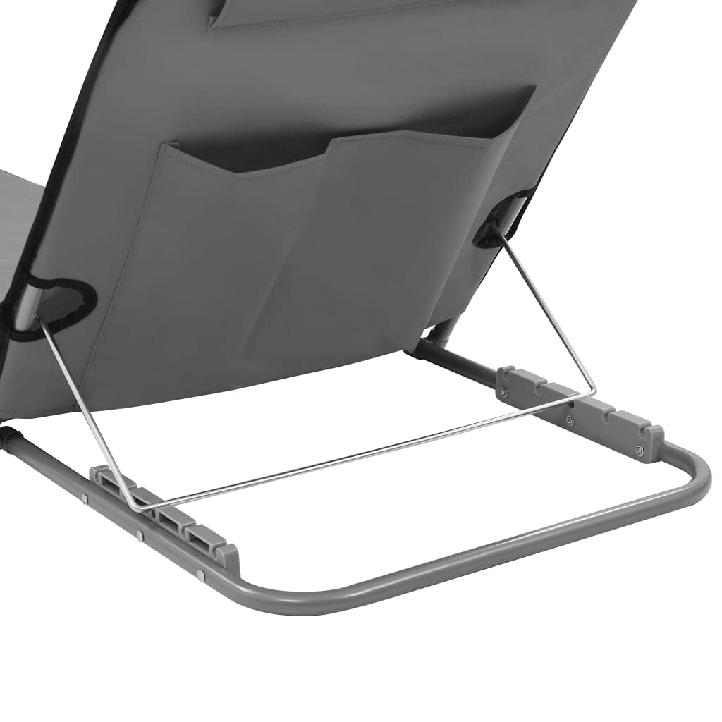 Set di 2 stuoie da spiaggia pieghevoli in acciaio e poliestere, grigio | Materassino portatile da giardino con schienale regolabile, poggiatesta e pratico vano portaoggetti.