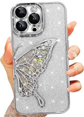 Image of SHINESTAR 3D Butterfly Case for iPhone 15 Pro Max Cover, Cute Girly Glitter Bling Luxury Back Cover for Women Girls Protective Shockproof Slim Camera Protection for iPhone 15 Pro Max - Silver